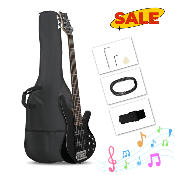 Hassch 5 String Electric Bass Guitar with Bag, Beginner Bass Kit with Strap, Plectrum, Amp Wire and Wrench Tool, Black