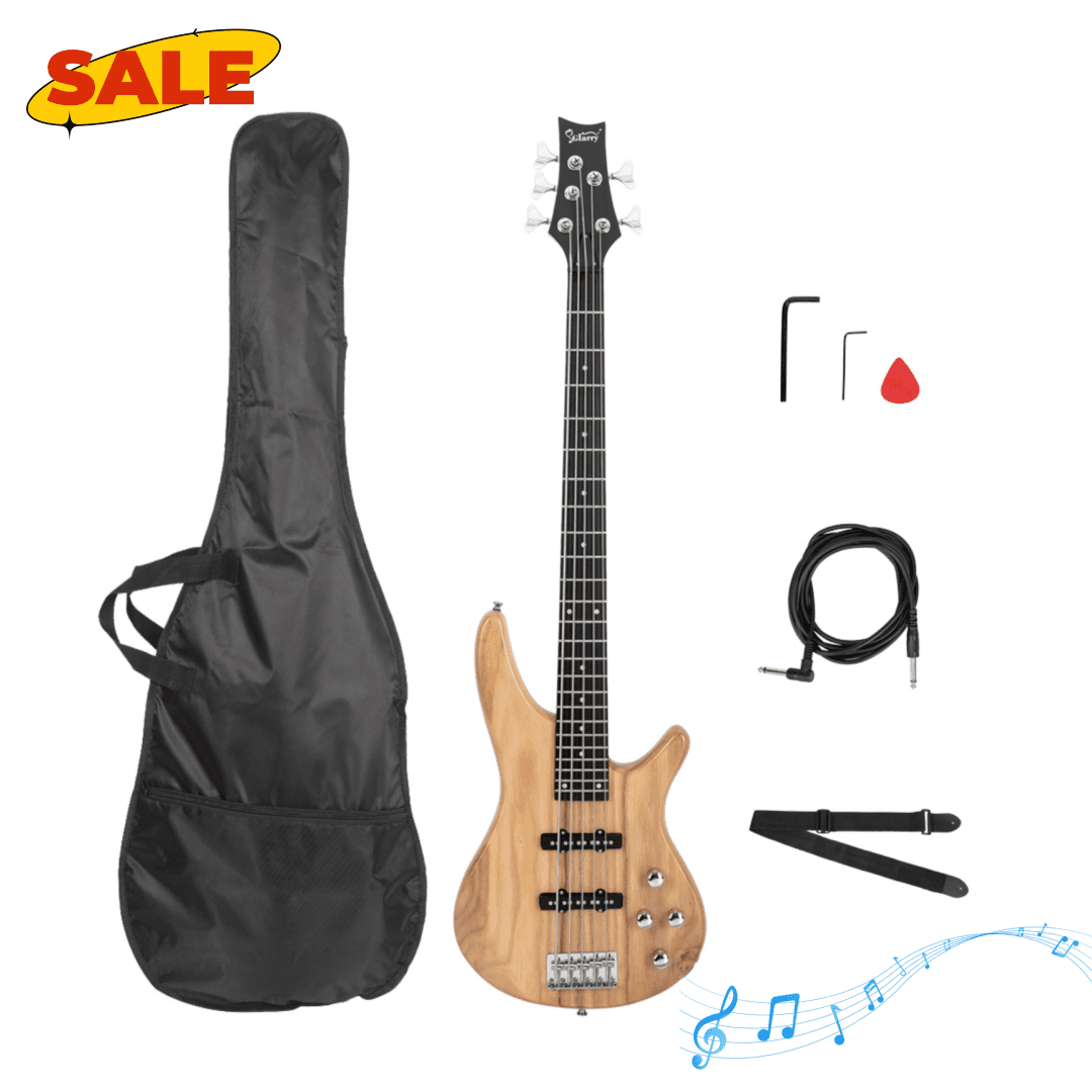 Hassch 5 String Electric Bass Guitar with Bag and Strap, Full Size Guitar with Pick, Connector and Wrench Tool, Burlywood