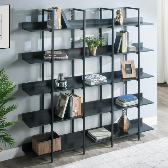 Hassch 5-Tier Bookshelf, Industrial Open Bookcase for Storage and Display, 70.87" Wide Room Divider for Home Office Living Room Study Bedroom (Black)