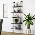 thumbnail image 1 of Hassch 5-Tiers Ladder Bookshelf Wall-Mounted Bookcase Storage Display Rack with Metal Frame, Walnut & Black, 1 of 5