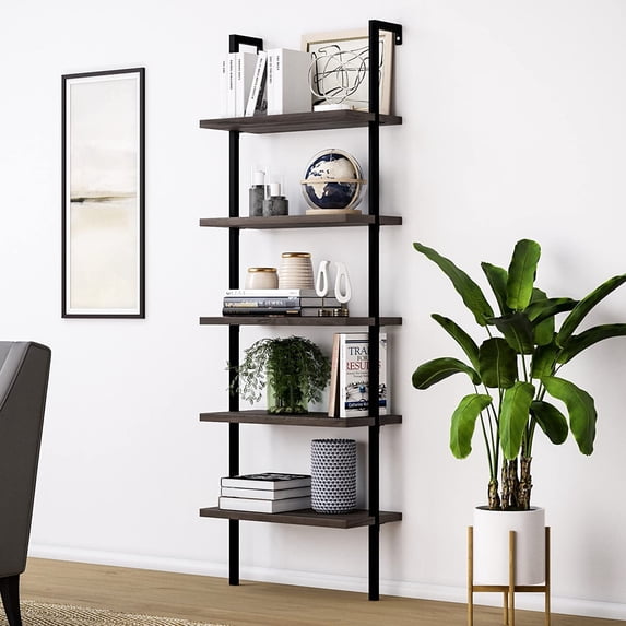 Hassch 5-Tiers Ladder Bookshelf Wall-Mounted Bookcase Storage Display Rack with Metal Frame, Walnut & Black