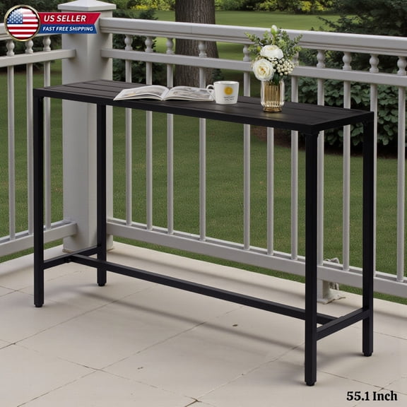 Hassch 55.1" Counter Height Pub Table, Weather-Resistant Iron Bar Table with Slatted Top and Adjustable Feet, for Patio, Deck, Garden or Indoor Use, 380lbs Weight Capacity, Black