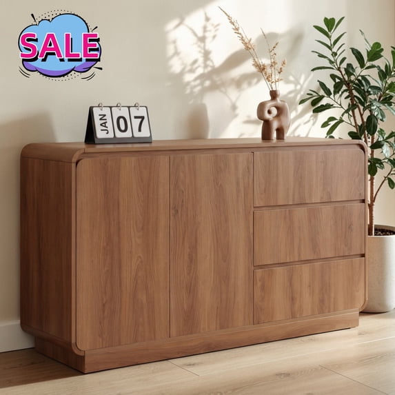 Hassch 55 Inch Buffet Sideboard with 2 Doors and 3 Drawers, Coffee Bar Cabinet, Modern Storage Cabinet, Credenza for Kitchen, Dining Room, Living Room, Walnut
