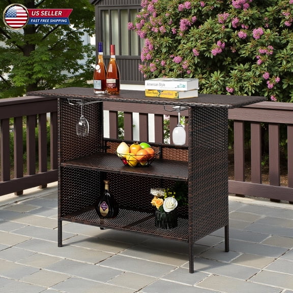 Hassch 55" Patio Bar Table with Wine Glass Holders, Outdoor Weather-Resistant PE Wicker Pub Table with Iron Frame, Versatile for Dining, Study, or Entertaining (Brown)