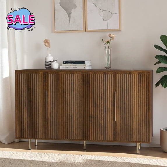 Hassch 55" Sideboard Buffet Cabinet, Modern 4-Door Storage Cabinet with Adjustable Shelves, Coffee Bar Cabinet for Dining Room, Living Room, Entryway, Brown