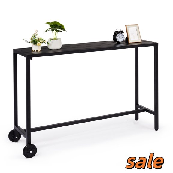 Hassch 55"W Iron Bar Table, Movable Rectangular Outdoor Pub Table with 2 Wheels for Backyard Poolside Garden, Easy to Assemble, Black