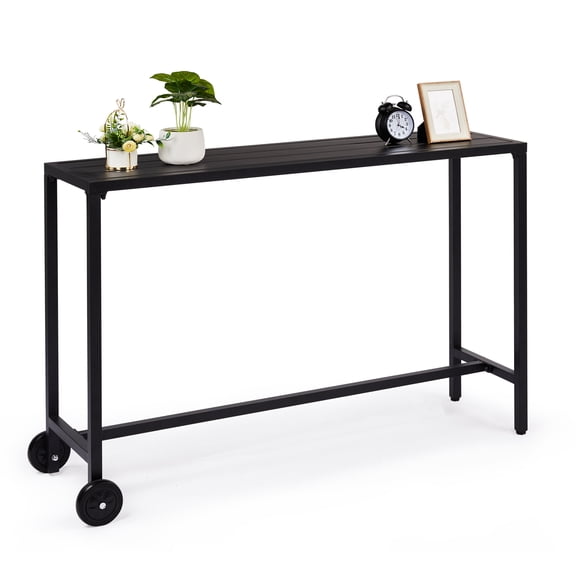 Hassch 55 inch Outdoor Bar Table with 2 Wheels, Narrow Counter Height Table, Rectangle Console Table for Indoor Outdoor, Balcony, Patio, Garden, Yard, Poolside, Black