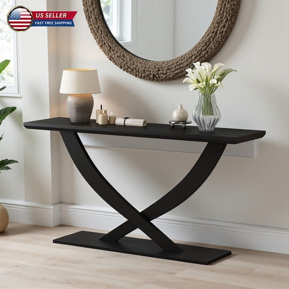 Hassch 57-Inch Long Entryway Console Table, Accent Sofa Table with Cross-Leg Design, Reinforced Lower Shelf, Solid Wood Veneer Finish, for Living Room, or Bedroom (Black)
