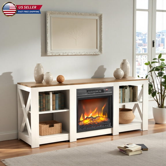Hassch 58.66" Electric Fireplace TV Stand with Open Storage and Adjustable Shelves - Includes 1400W Heater, 6 Flame Colors, Remote, Fits 70" TVs, Modern Farmhouse Media Console (Brown+White)