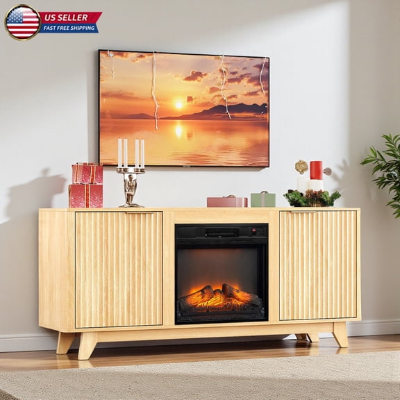 Hassch 58" Fireplace TV Stand with 18" Electric Fireplace, Farmhouse Wood Entertainment Center with Fluted Doors & Soft Close Hinges & Gold Handles, Remote Control Included, Fits up to 70" TVs