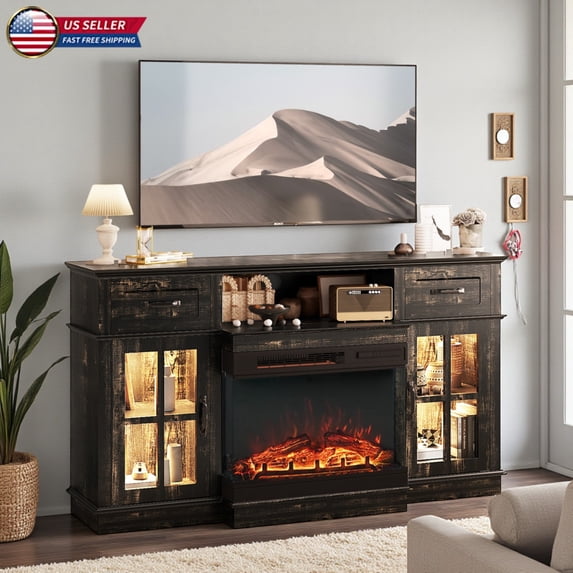 Hassch 58" Fireplace TV Stand with 25" Electric Fireplace, LED Media Entertainment Center with Glass Doors & 2 Drawers, Rustic Wood Storage Cabinet for Living Room, Black Oak