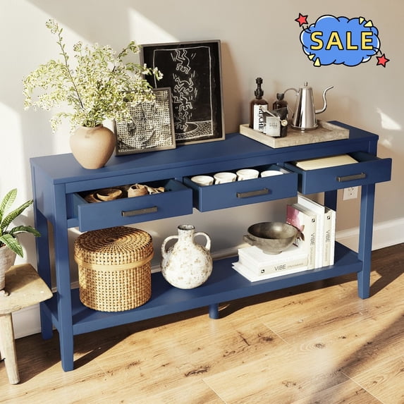 Hassch 59.1" Console Table, 2-Tier Entryway Table with Open Shelf and 3 Storage Drawers for Hallway, Foyer, Navy Blue