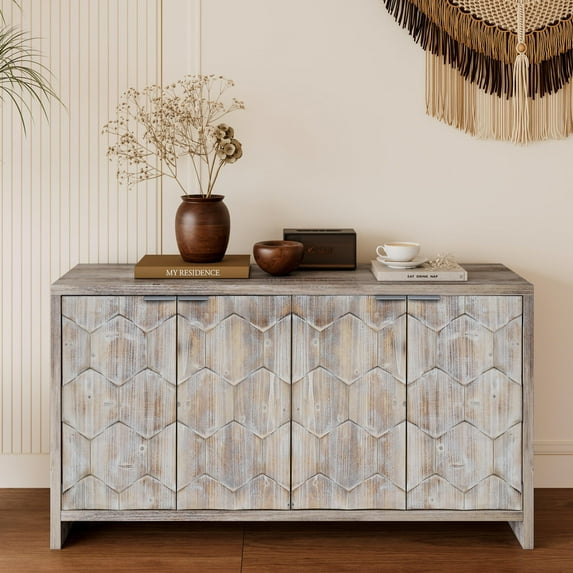 Hassch 59.84" Accent Cabinet with 4 Doors and Adjustable Shelf, Farmhouse Credenza Storage Cabinet in Natural Wood Wash, Buffet Cabinet for Living Room, Kitchen, Dining Room, Hallway