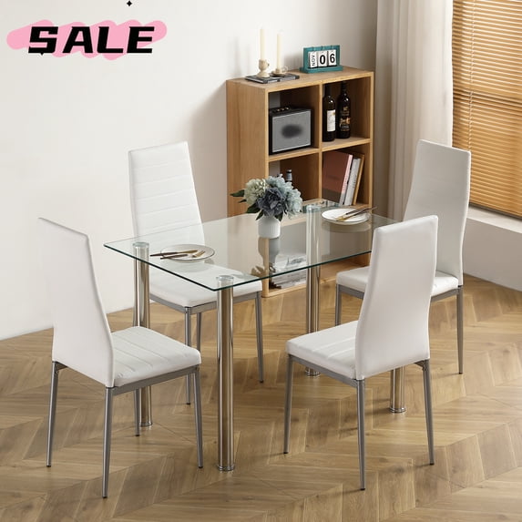 Hassch 5pcs Dining Table Set, Kitchen Table Set with Tempered Glass Table Top and 4 Chairs, Breakfast Table Set with Iron Frame, Transparent & White