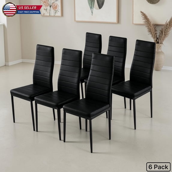 Hassch 6-Pack High Back Dining Chairs, PU Leather Padded Seats with Iron Legs, Horizontal Stitching, Easy Maintenance & Assembly, Black