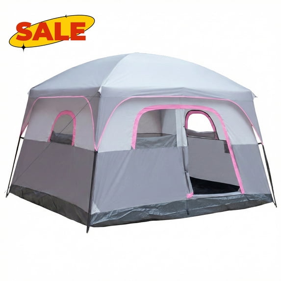 Hassch 6 Person Waterproof Camping Tent, Windproof Easy Setup Family Tent with Carry Bag for Hiking, Traveling, Climbing, Gray & Red