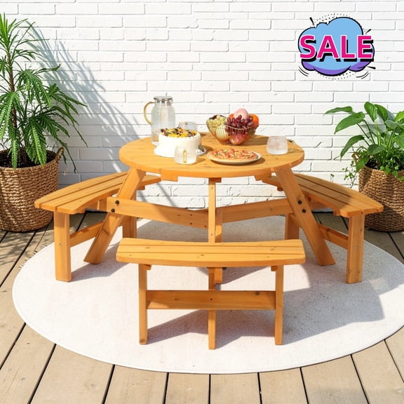 Hassch 6 Person Wood Picnic Table with 3 Built-In Benches, Outdoor Round Dining Table with 2 inch Umbrella Hole, Outside Table and Chairs for Garden Patio Porch Backyard, Natural