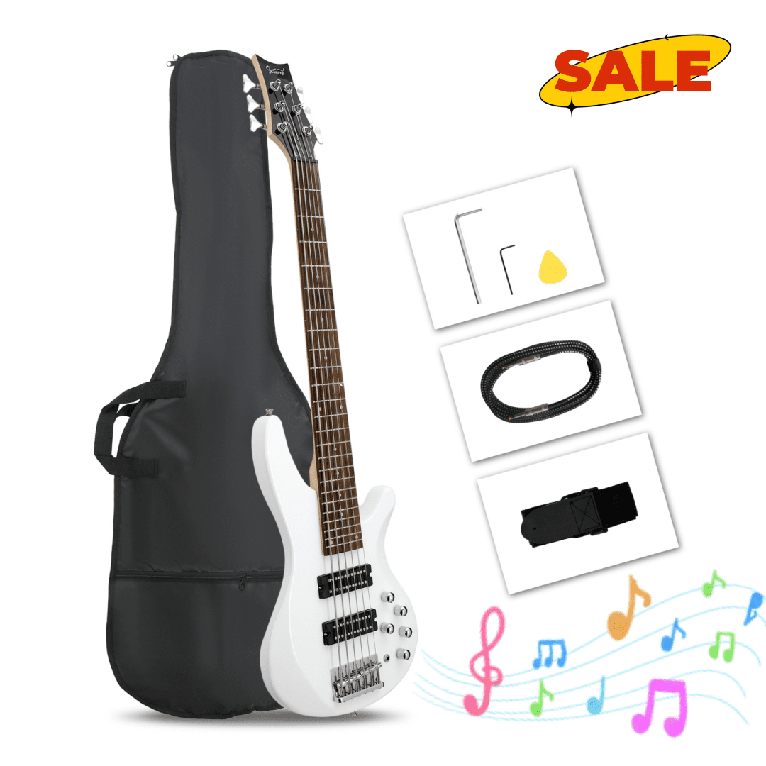 Hassch 6 String Electric Bass Guitar with Bag, Beginner Bass Guitar with Strap and Other Accessories for Starters, White