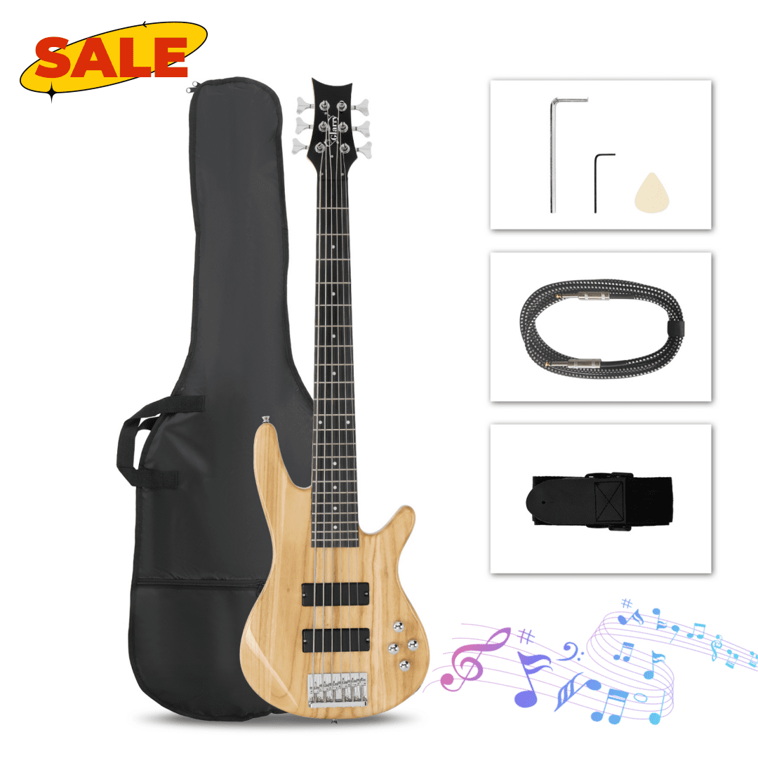 Hassch 6 String Electric Bass Guitar with Big Bag and Strap, Beginner Bass Set with Pick, Connector and Wrench Tool, Burlywood