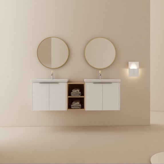 Hassch 60" Bathroom Vanity with 2 Sinks Set for Home, Wall Mount Bathroom Vanity Combo, White Bathroom Cabinet with Double Sink Set, Floating Vanity w/Ceramic Basin, Open Side Shelf