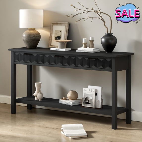 Hassch 60" Console Table with 3 Drawers, Entryway Table with Storage Shelf, Sofa Table with Wood Legs for Living Room, Hallway, Foyer, Easy Assembly, Black