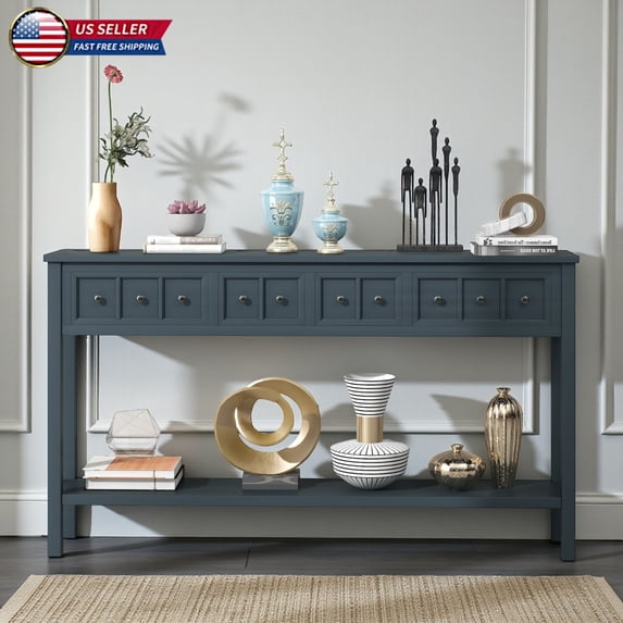 Hassch 60" Entryway Console Table with 4 Drawers and Bottom Shelf, Rustic Farmhouse Hallway Accent Storage Table w/ Solid Wood Frame, Easy to Assemble, Navy