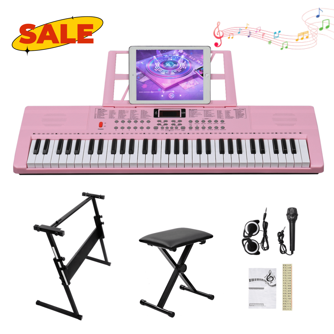 Hassch 61 Key Electric Keyboard Piano, Portable Beginner Keyboard with Stand, Bench, Headphone, Microphone, Built In Speakers, Music Rest, LED Screen, 3 Teaching Modes, Pink