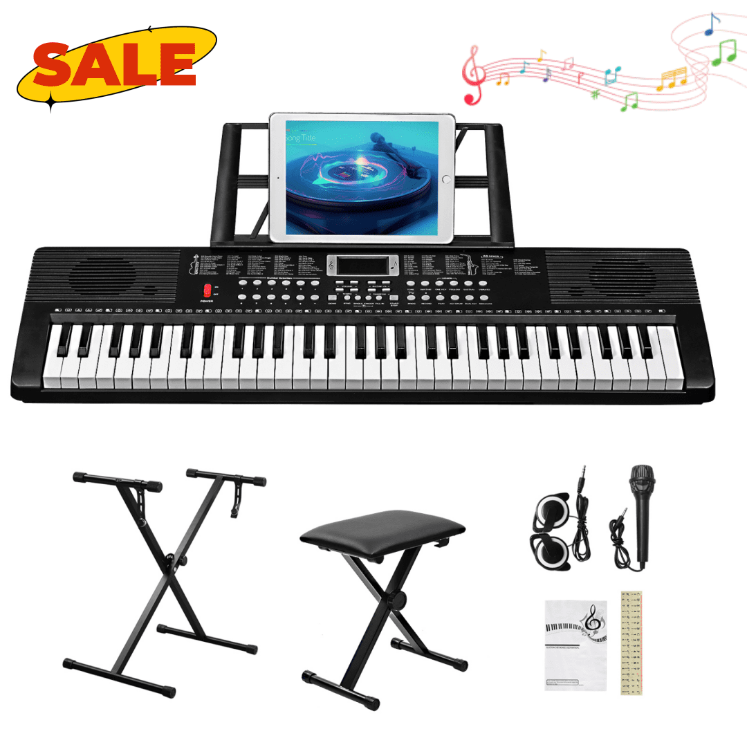 Hassch 61 Key Keyboard Piano for Beginners, Complete Keyboard Kit with Stand, Bench, Headphone, Microphone, Music Rest, LED Screen, Built In Speakers and 3 Teaching Modes, Black