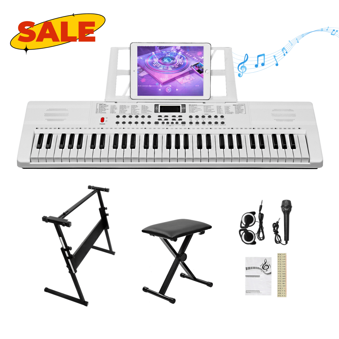 Hassch 61 Key Keyboard Piano for Beginners, Electronic Keyboard Kit with Stand, Bench, Headphone, Microphone, Built-In Speakers, Music Rest, LED Screen, 3 Teaching Modes, White