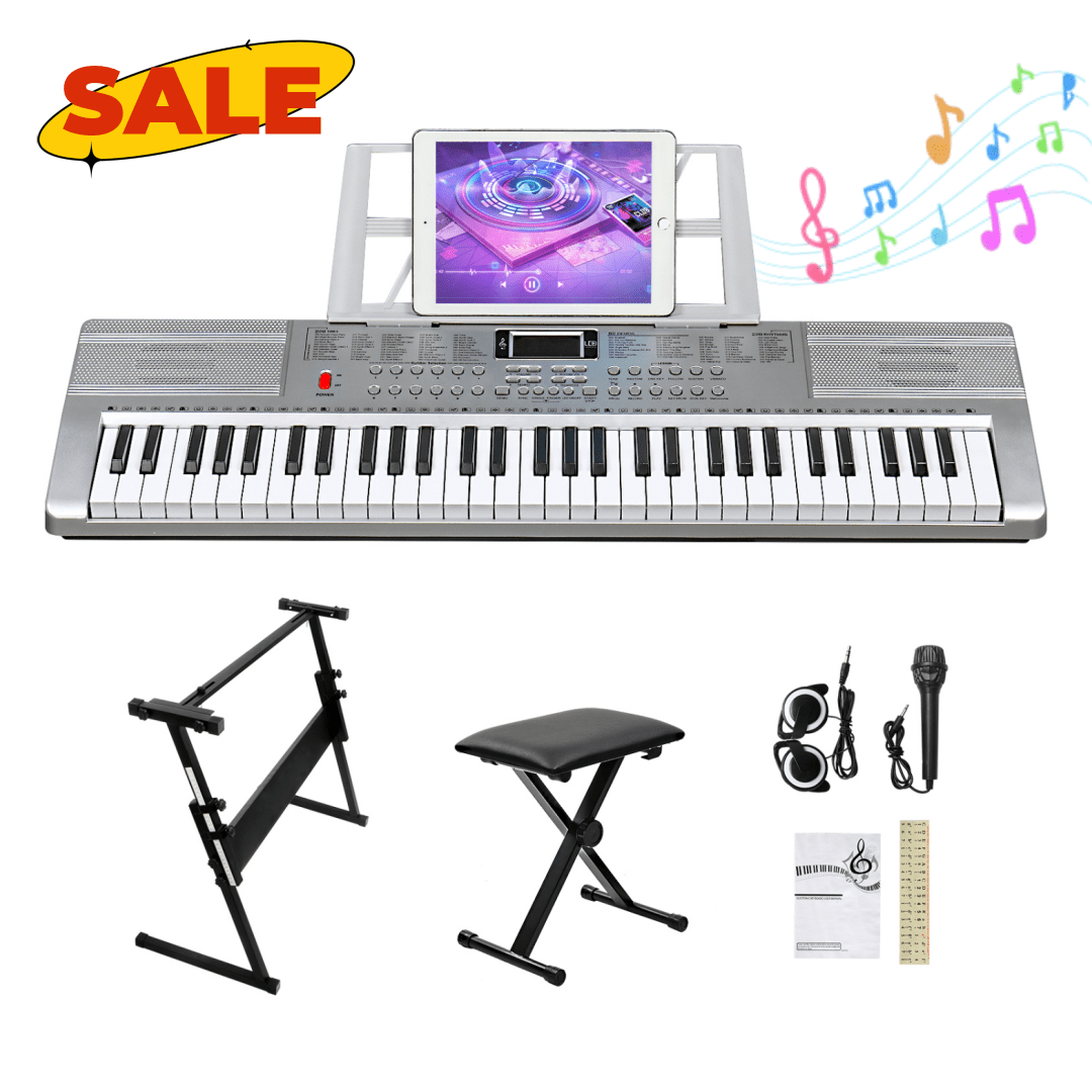 Hassch 61 Key Keyboard Piano with Stand, Bench, 3 Teaching Modes, Headphone, Microphone, Built In Speakers, Music Rest, LED Screen for Beginners, Silver