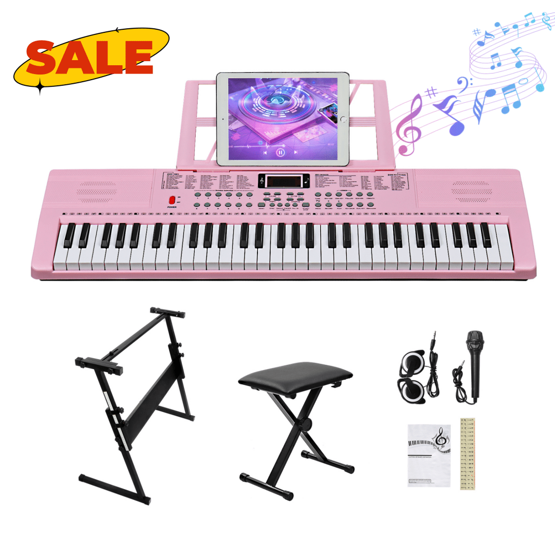 Hassch 61 Key Keyboard Piano with Stand and Bench, Built-In Speakers, Headphone, Microphone, Music Rest, LED Screen, 3 Teaching Modes for Beginners Starters, Pink