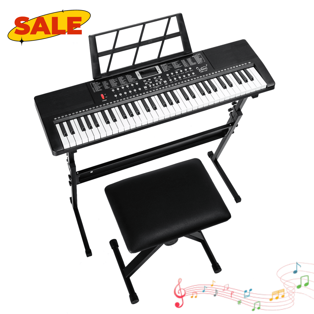 Hassch 61 Key Keyboard Piano for Beginners w/Stand Bench, Built-In Speakers, Headphone, Microphone, Music Rest, LED Screen, 3 Teaching Modes, Black