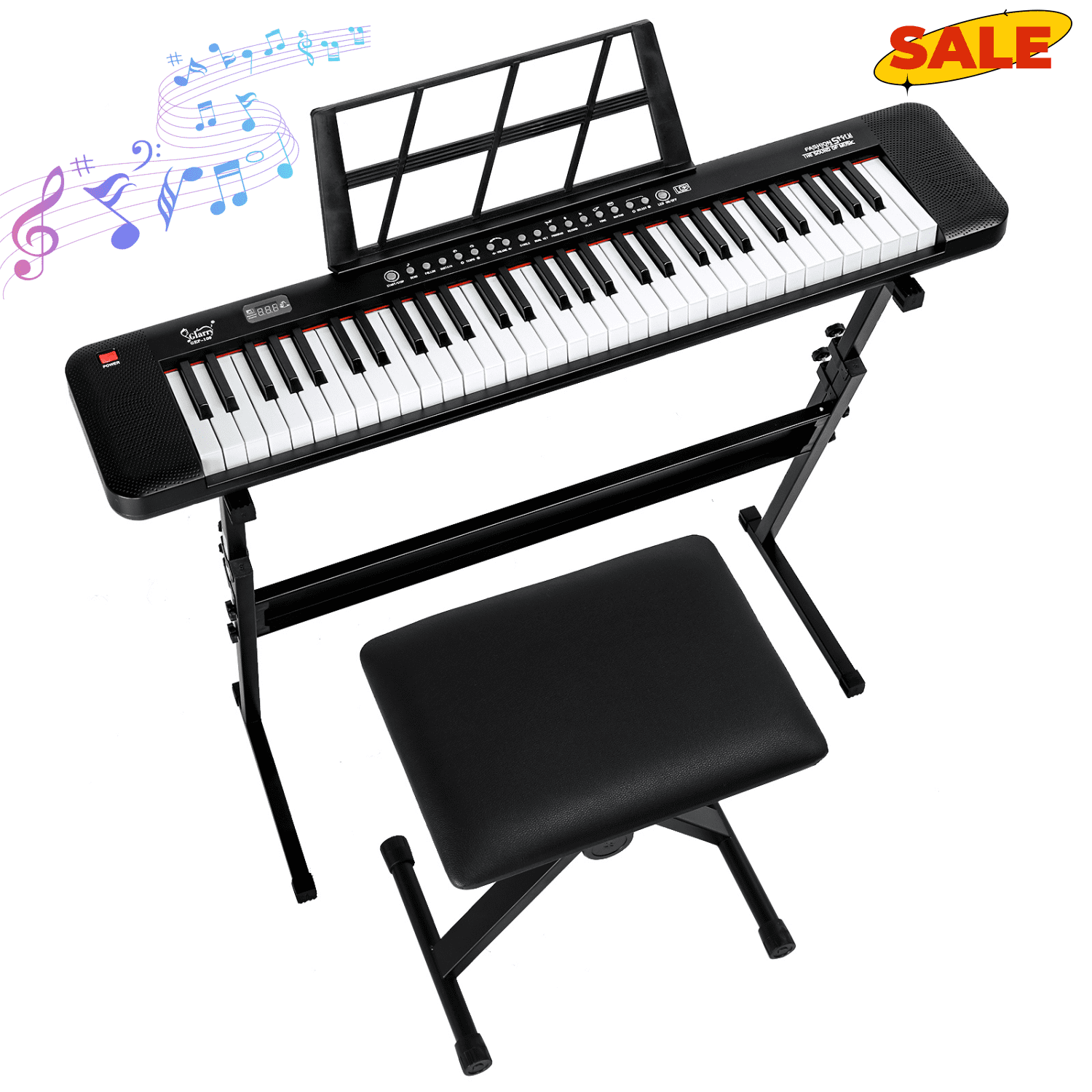 Hassch 61 Key Portable Lighting Keyboard Piano with Stand, Bench, Headphone, Microphone, LED Screen, Music Rest, Built In Speakers and 3 Teaching Modes, Black