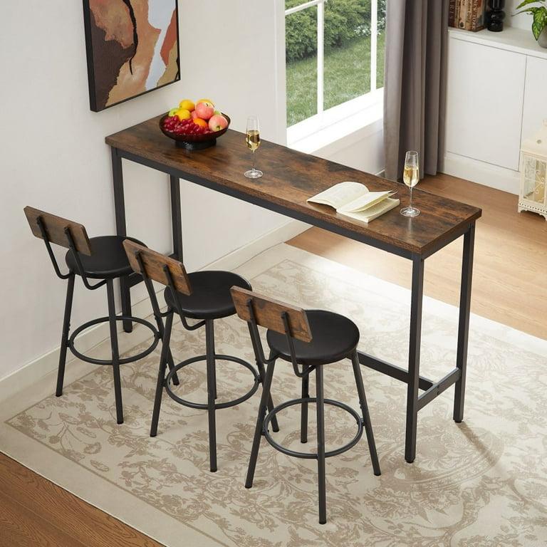 Hassch 63 L Bar Table and Chairs Set for 3 4 Piece Rectangle Pub Table with 3 PU Upholstered Stools Counter Height Rectangular Long Dining Table Set for Kitchen Bar Small Spaces Rustic
