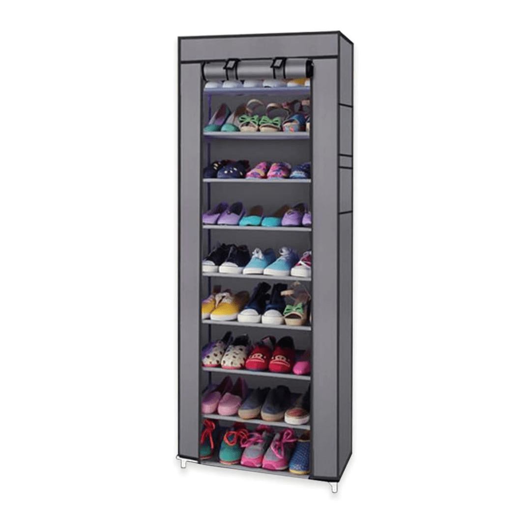 Hassch 63" Tall Shoe Rack with Cover, 10-Tier Stackable Shoe Shelf, Sturdy Storage Organizer with Side Pockets for Entryway Garage, Gray