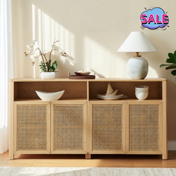 Hassch 63 inch Large Buffet Sideboard with 4 Doors, Farmhouse Rattan Storage Cabinet with Adjustable Shelves, Retro Coffee Bar Cabinet, Credenza for Kitchen, Living Room, Dining Room, Natural