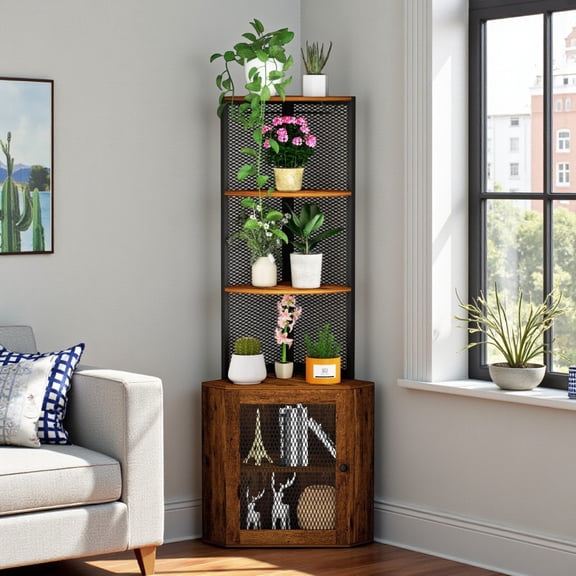Hassch 64.8"H Industrial Corner Cabinet with Charging Station, Iron Mesh Door & Wine Glass Rack - Rustic Brown Open Bookcase Triangle Plant Stand for Kitchen, Living Room, Home Bar