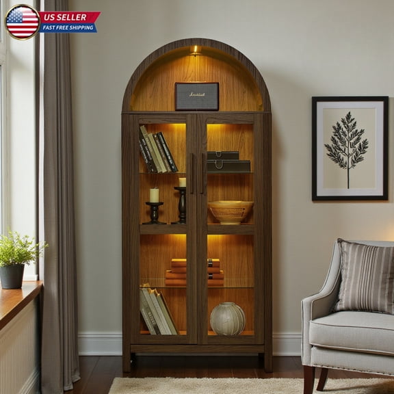 Hassch 67"H Tall Arched Display Cabinet with LED Light Strip, Adjustable Glass Shelves & Raised Legs, Multifunction Curio Organizer for Collectibles, Books, and Home Essentials (Brown)