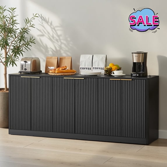 Hassch 67 Inch Large Buffet Sideboard with 6 Doors, Farmhouse Coffee Bar Cabinet, Modern Storage Cabinet for Kitchen, Dining Room, Living Room, Black