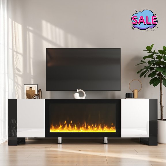 Hassch 68.1" Modern TV Stand with 34.2" Electric Fireplace Insert for TVs up to 80", Media Console with 2 Doors, Entertainment Center for Living Room, White