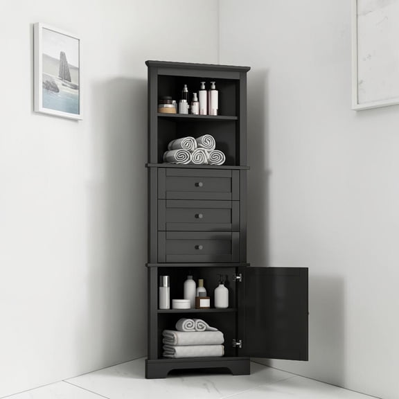 Hassch 68.9" Tall Corner Storage Cabinet with 3 Drawers, Freestanding Triangle Cabinet with Adjustable Shelf & Open Compartment, MDF Space Saving Organizer for Living Room, Kitchen, Bathroom, Black