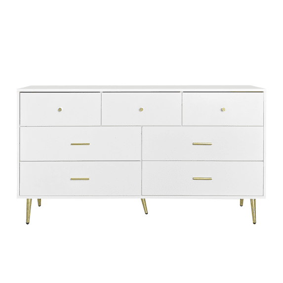 Hassch 7 Drawers Dresser for Bedroom, 55"W Chest of Drawers, Storage Organizer with Gold Legs for Living Room, Hallway, White