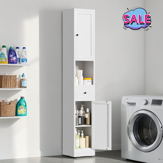 Hassch 71"H Bathroom Cabinet with Drawer and 2 Doors, Slim Storage Cabinet with Adjustable Shelves for Kitchen, Hallway, Living Room, Easy Assembly, White