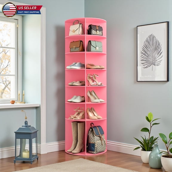 Hassch 72-Inch Freestanding Rotating Shoe Rack, 7-Tier 360° Spinning Shoe Organizer Tower, Bag Display Shelf Storage Round Carousel, Neat and Elegant Shoe Storage Solution (Pink)