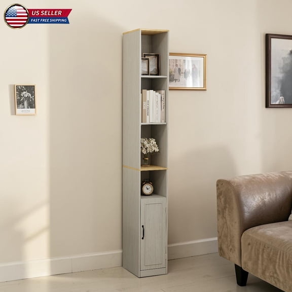 Hassch 72" Tall Slim Floor Cabinet, Freestanding Narrow Cabinet Display Bookcase with 1 Door, Adjustable Shelves and Open Storage, Space Saving MDF Organizer, Antique White
