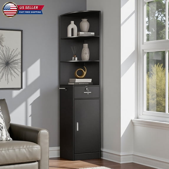 Hassch 75.2"H Corner Salon Cabinet with Drawer & Door, Wall-Saving Hair Styling Storage Organizer with Built-in Hair Dryer Holder, Matte Black Barber Station for Bathroom, Bedroom, Living Room