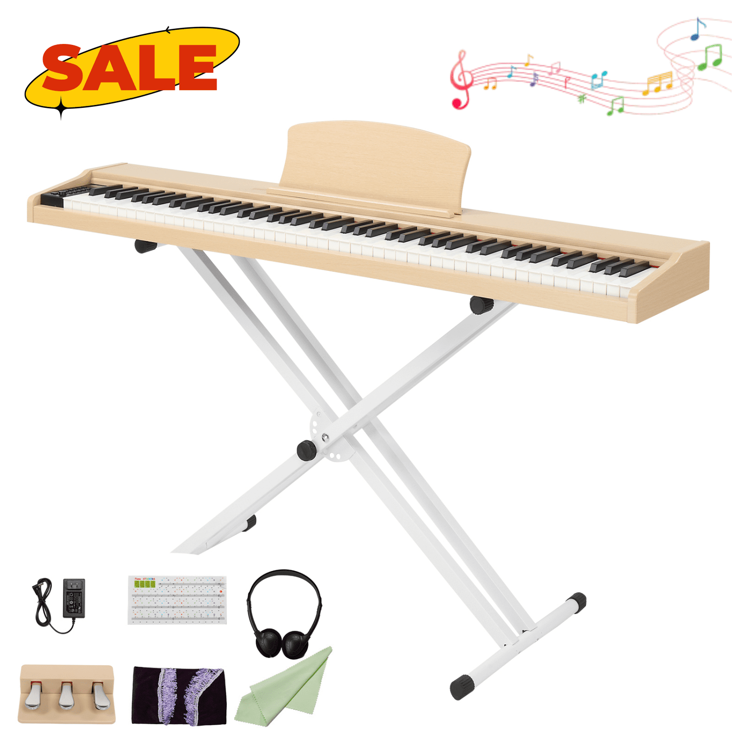 Hassch 8 Key Digital Piano with Stand, Full Size Semi-Weighted Keyboard with MIDI Bluetooth, Triple Pedals, Headphone and Other Accessories, Teak Color
