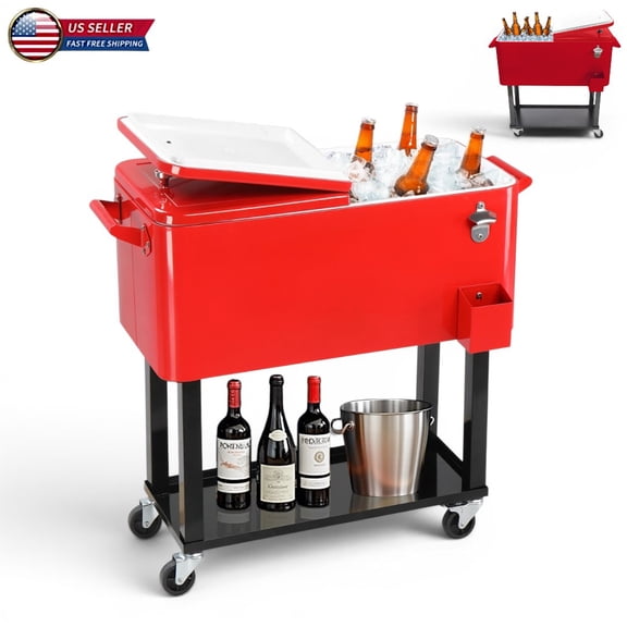 Hassch 80 Quart Patio Cooler Cart on Wheels, Portable Rolling Ice Cooler with Bottom Shelf, Locking Casters, Removable Lid and Drain Plug for Outdoor Entertaining (Red & Black)