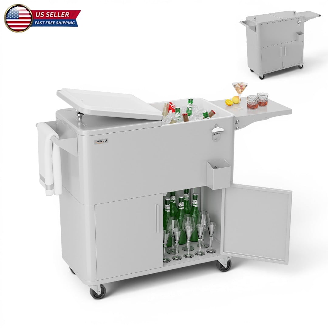 Hassch 80QT Rolling Cooler w/ Storage Cabinet & Foldable Side Panel, Outdoor Warm & Cooling Party Cart with Lockable Wheels, Bottle Opener & Drain Hole, for BBQ, Backyard, Poolside, Light Gray