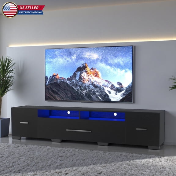 Hassch 82.7" Long LED TV Stand for TVs up to 80", Modern Entertainment Center with 31 Light Modes, APP/Remote Control & Built-in Power Outlets, Black